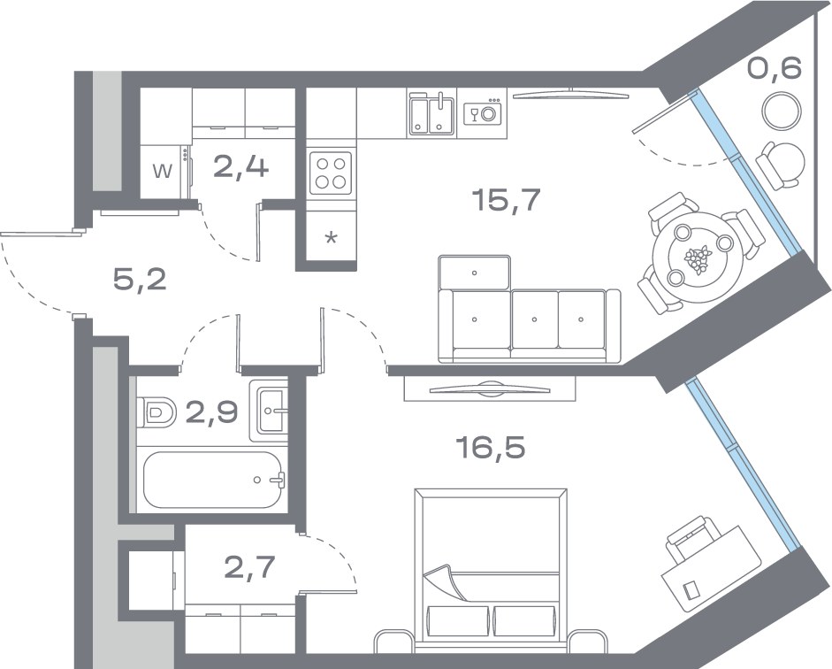 Планировка: 1-комнатная, 45.89 м²