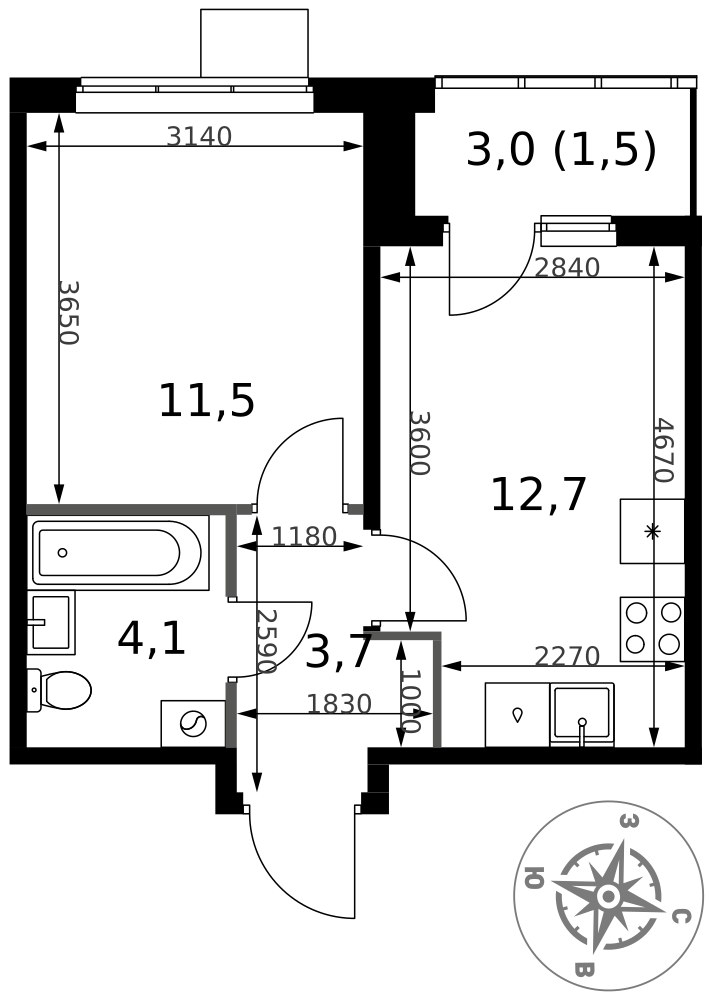 Планировка 33.5 м²