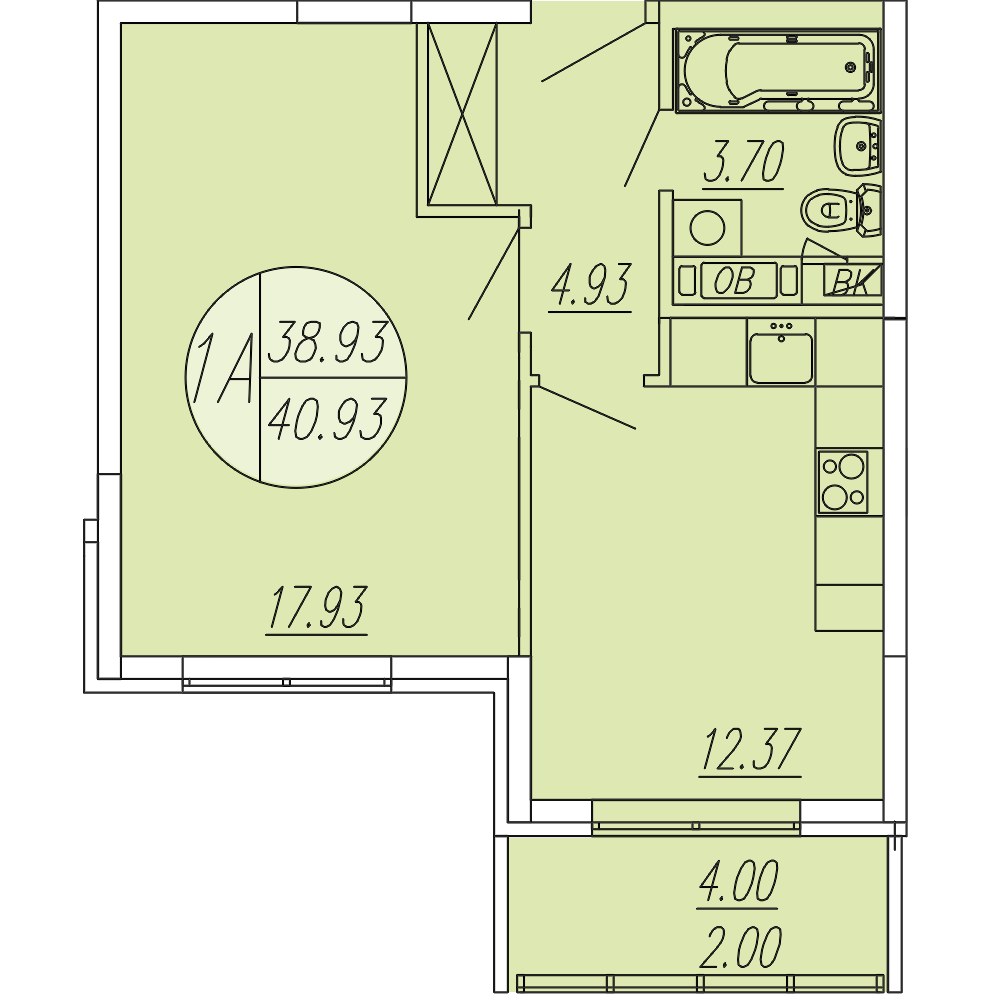 Планировка: 1-комнатная, 40.93 м²