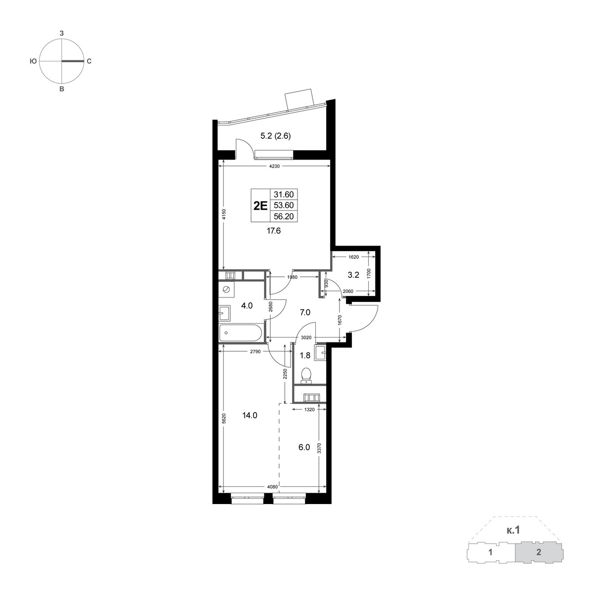 Планировка 56.2 м²