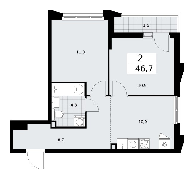 Планировка: 2-комнатная, 46.7 м²