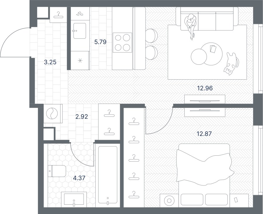 Планировка: 1-комнатная, 42.16 м²