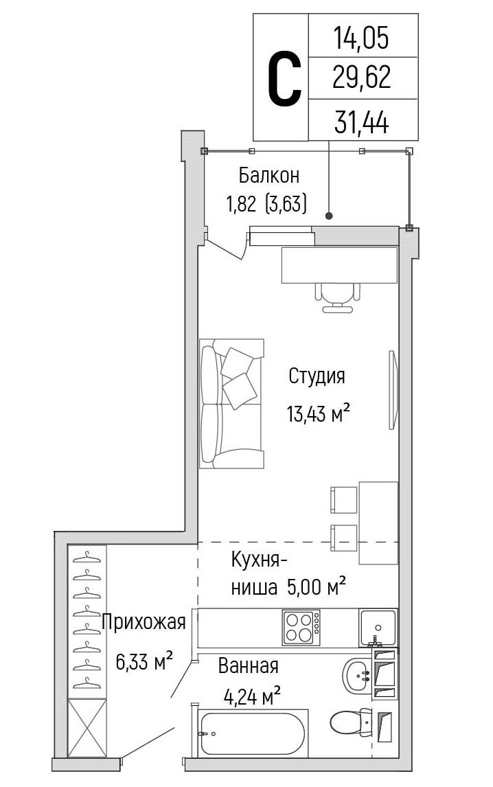 Планировка: Студия, 31.44 м²