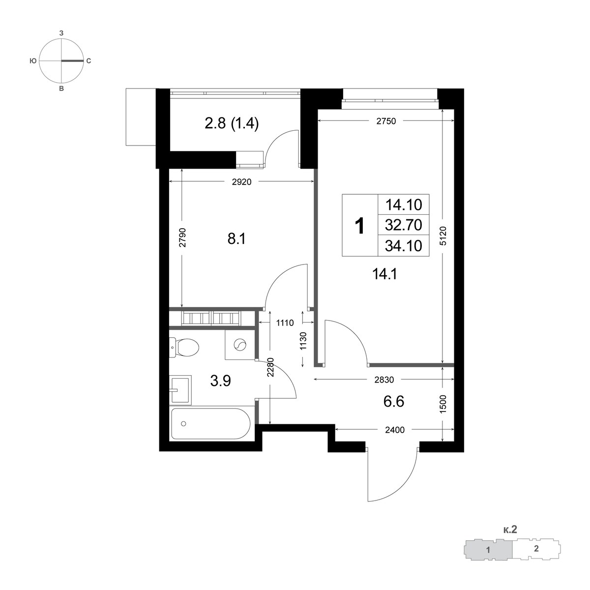 Планировка 34.3 м²
