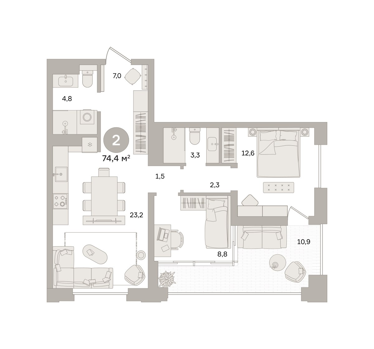 Планировка 74.37 м²