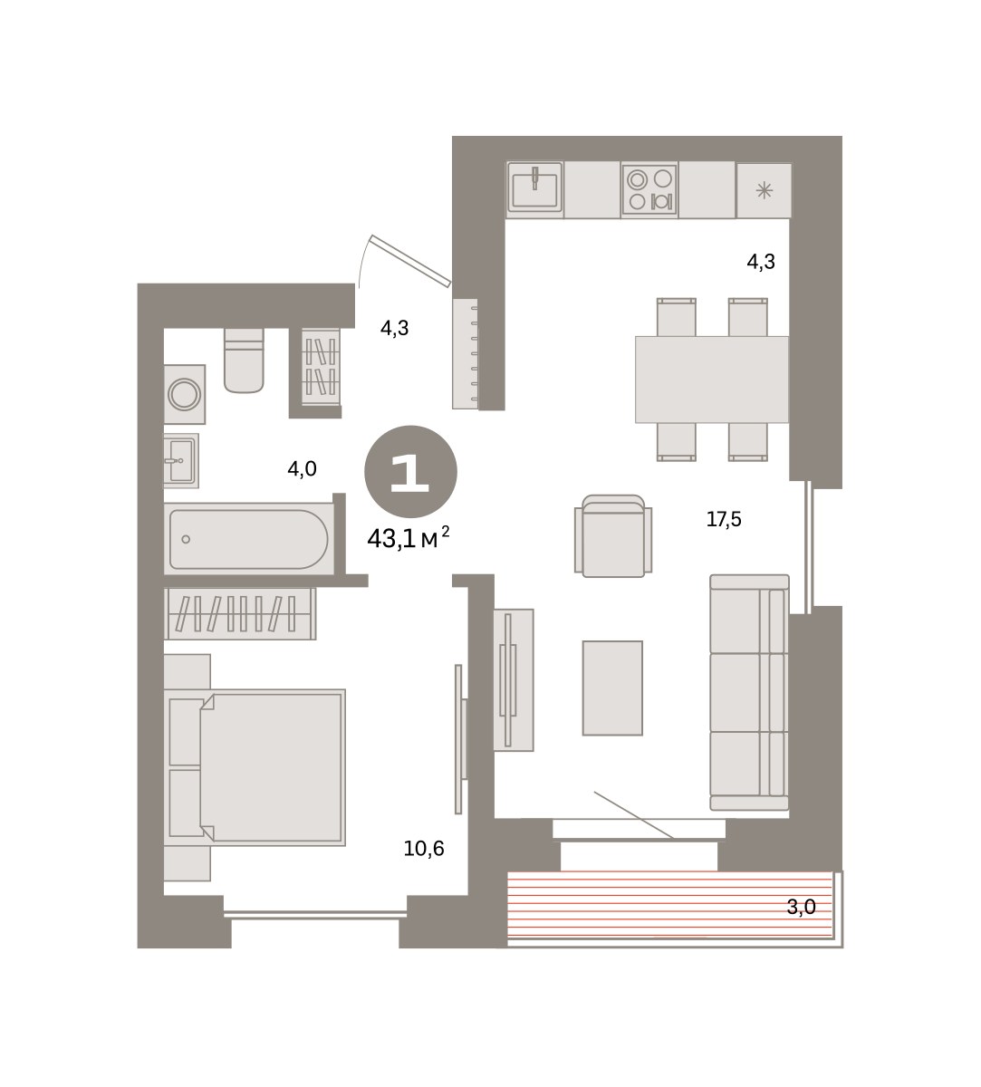 Планировка 43.1 м²