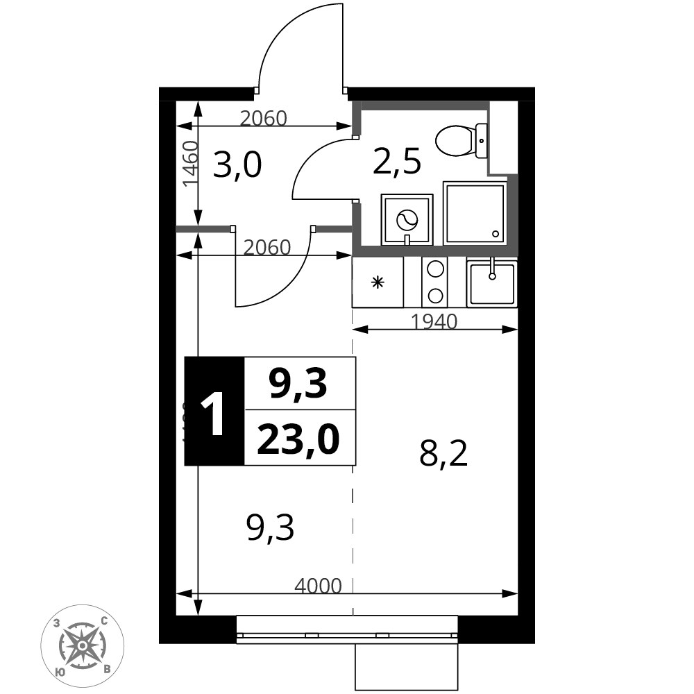 Планировка: Студия, 23.0 м²