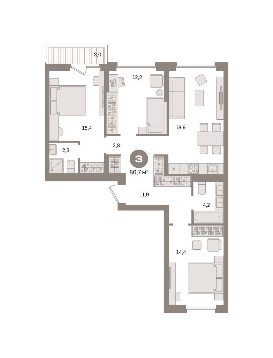 Планировка 86.7 м²
