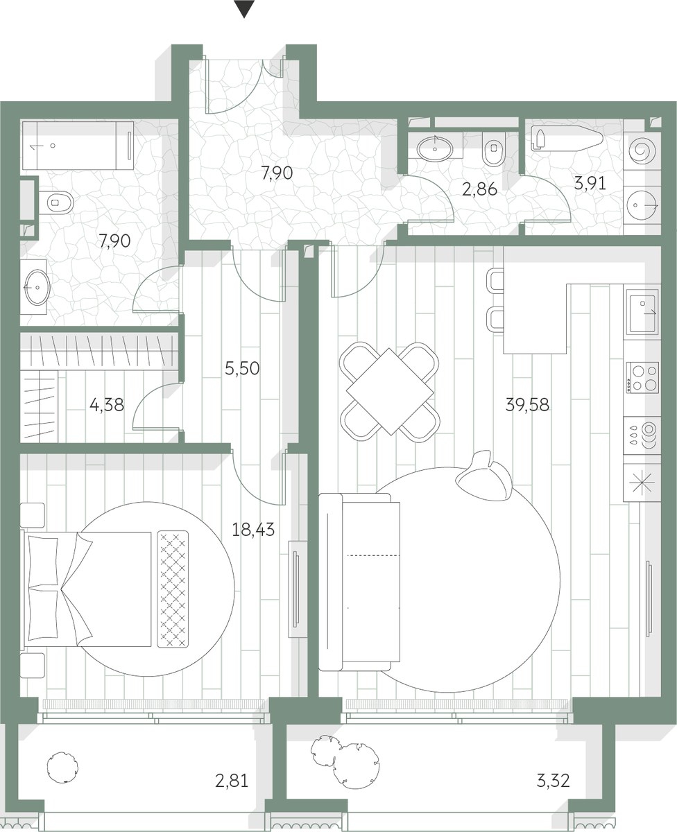 Планировка: 1-комнатная, 96.59 м²