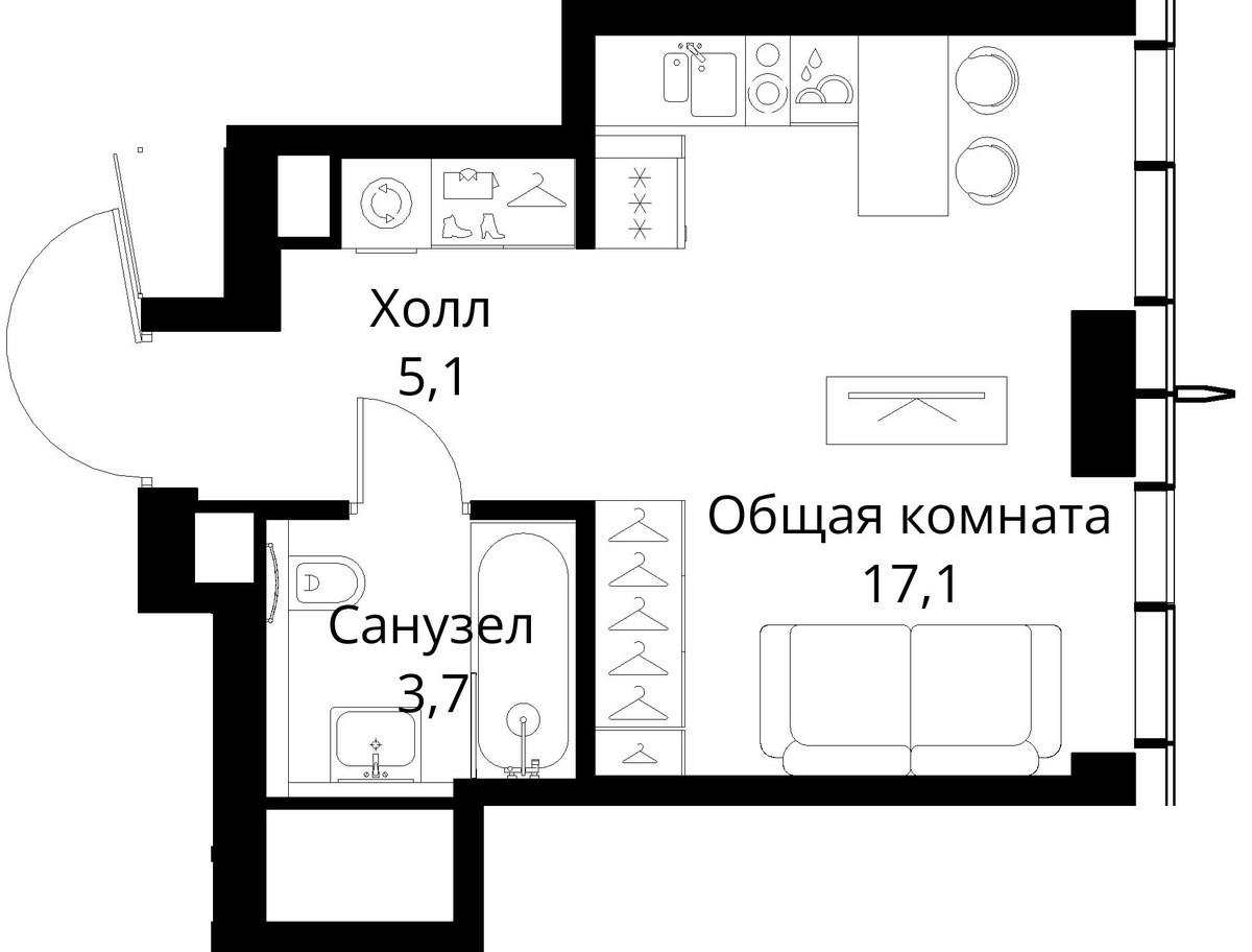 Планировка: 1-комнатная, 25.9 м²