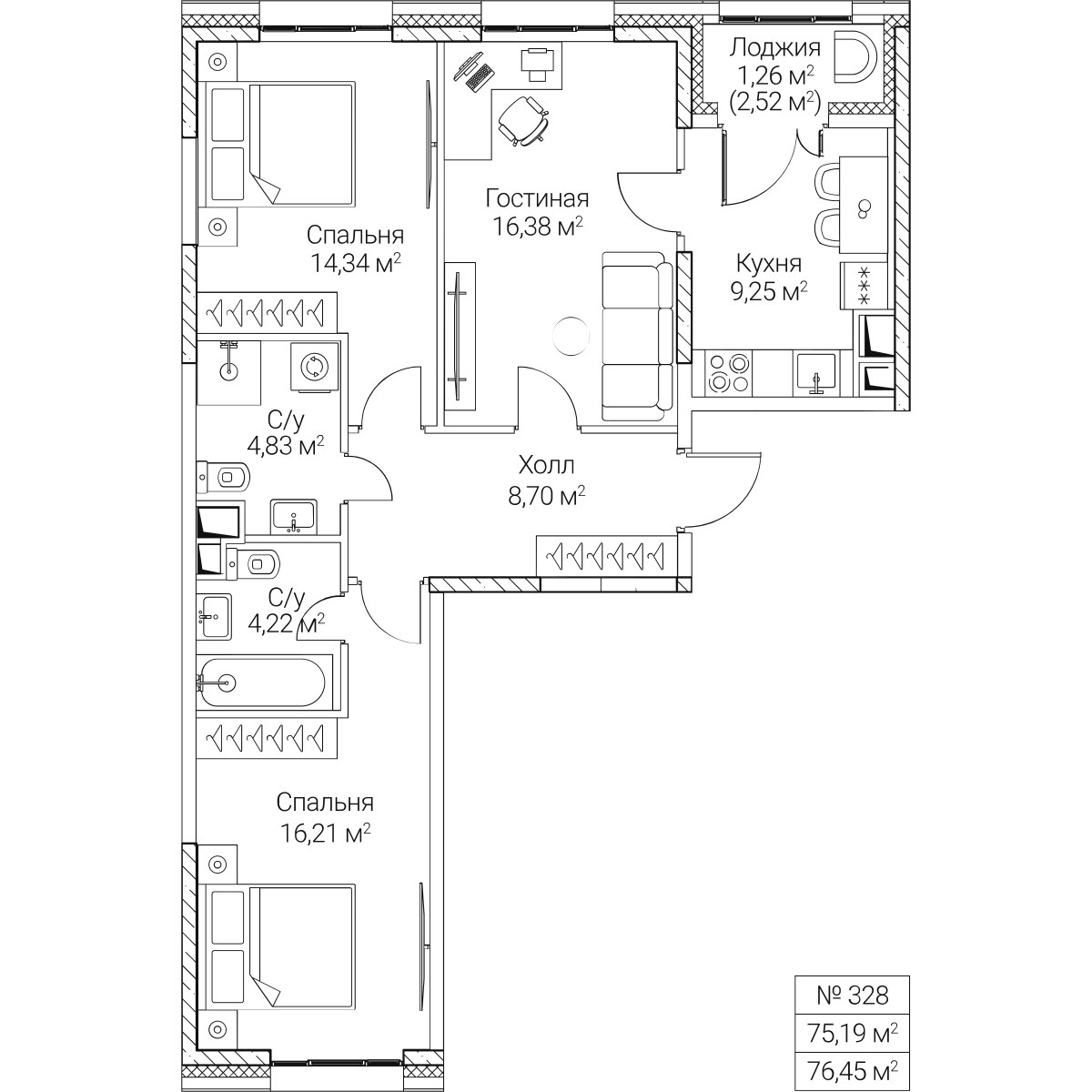 Планировка 75.19 м²