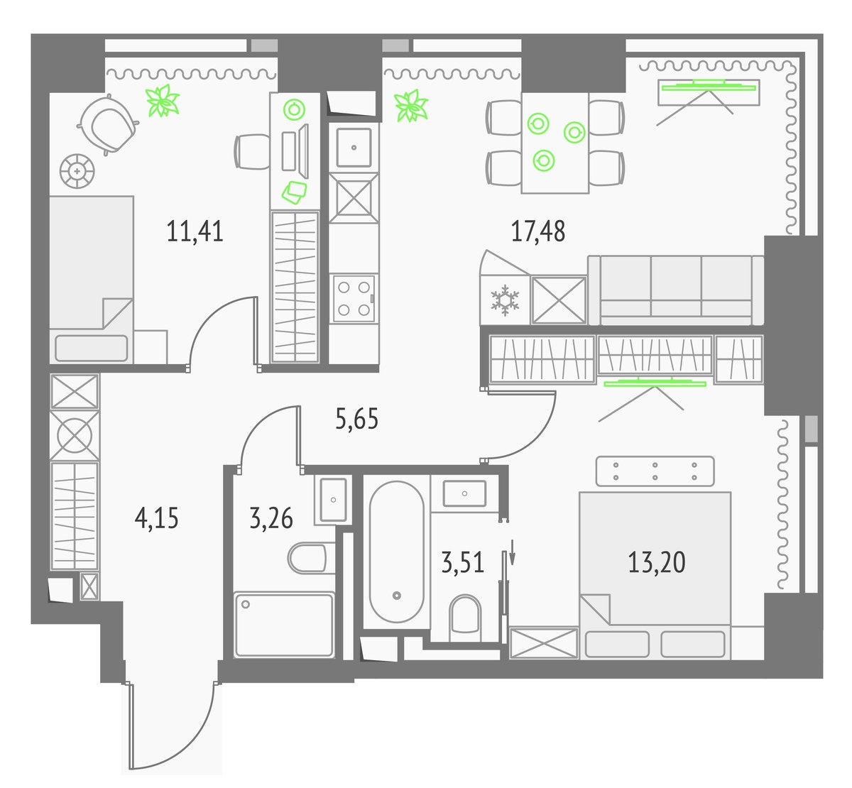 Планировка 58.66 м²