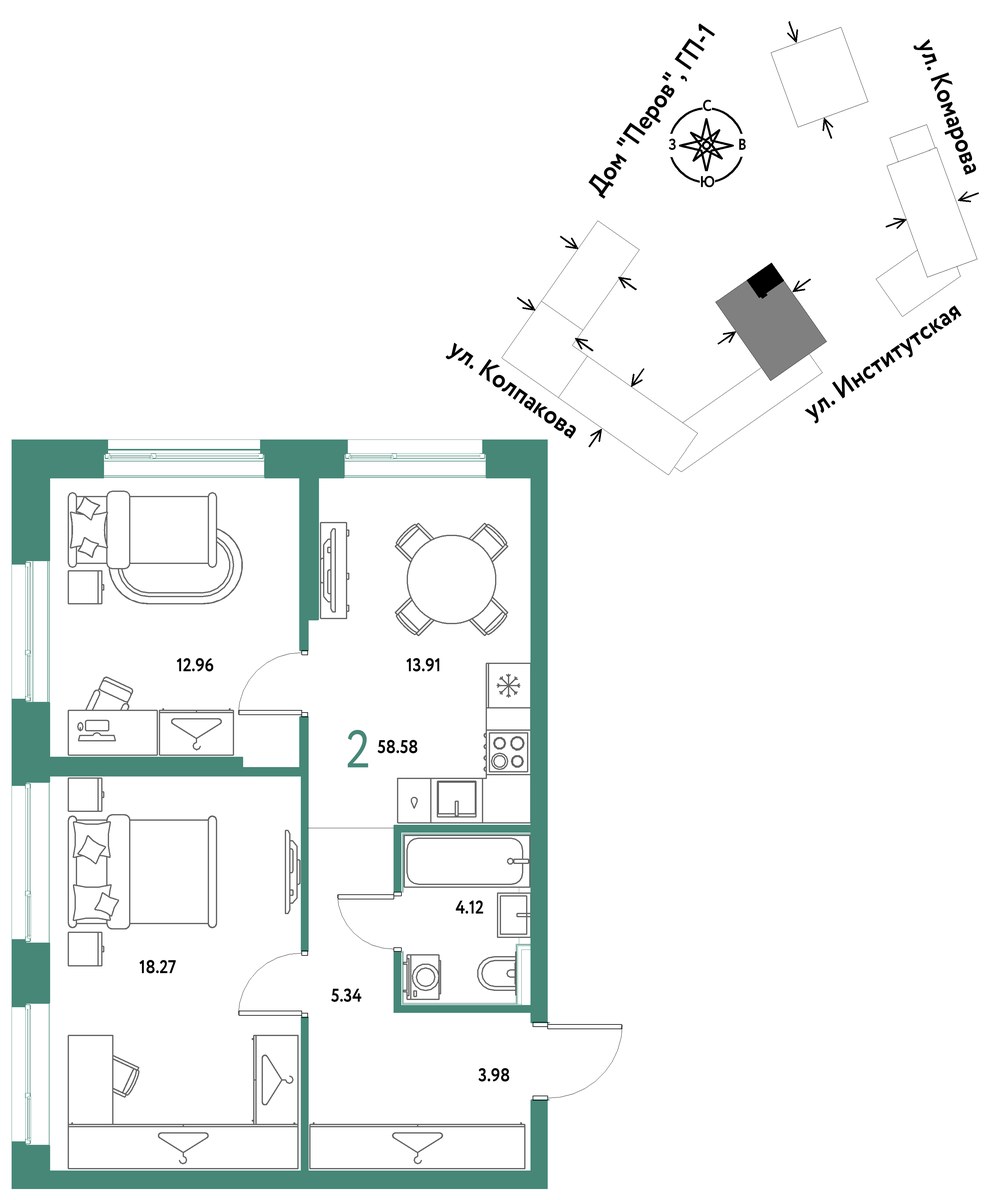 Планировка 58.58 м²