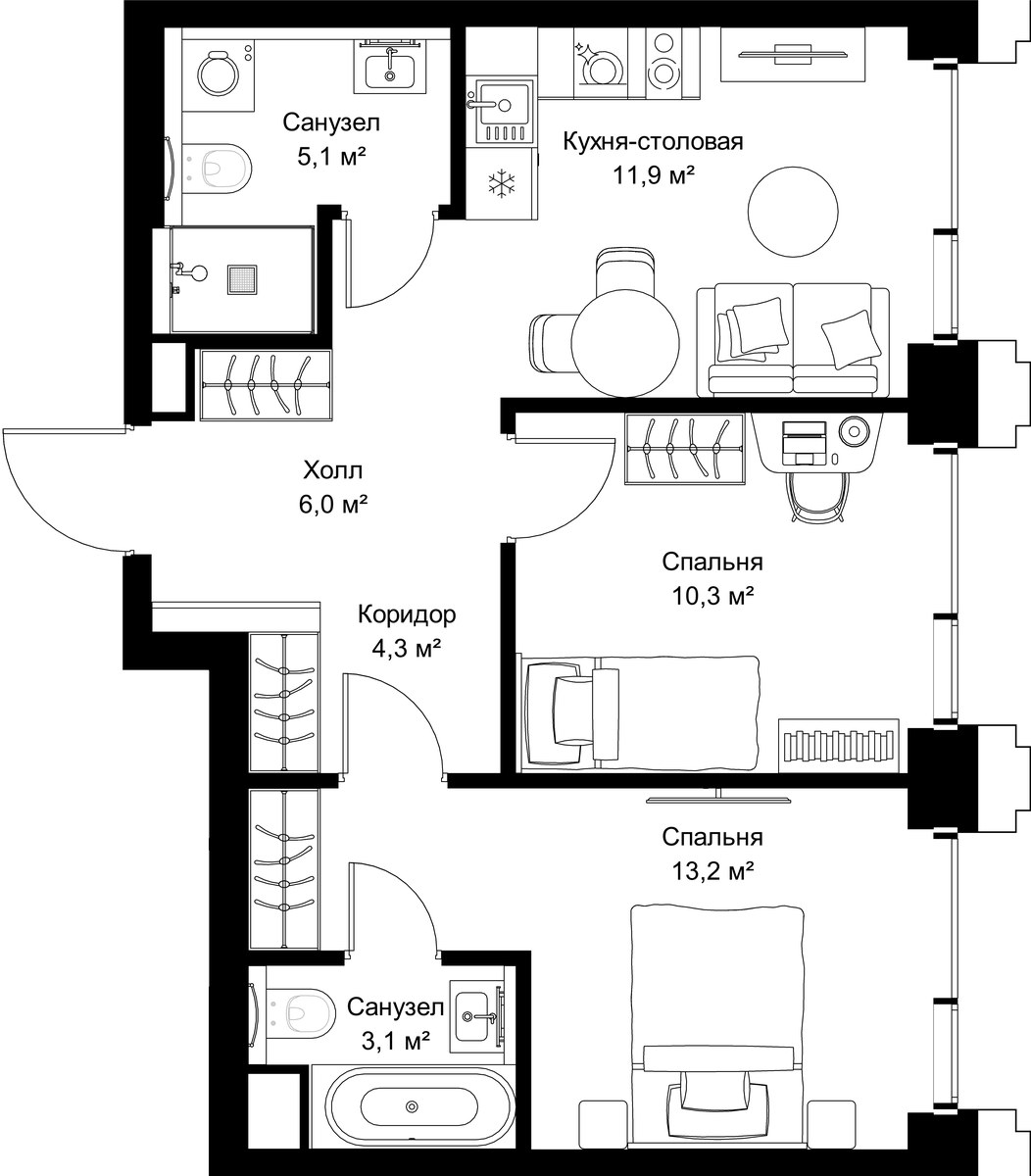 Планировка 53.9 м²
