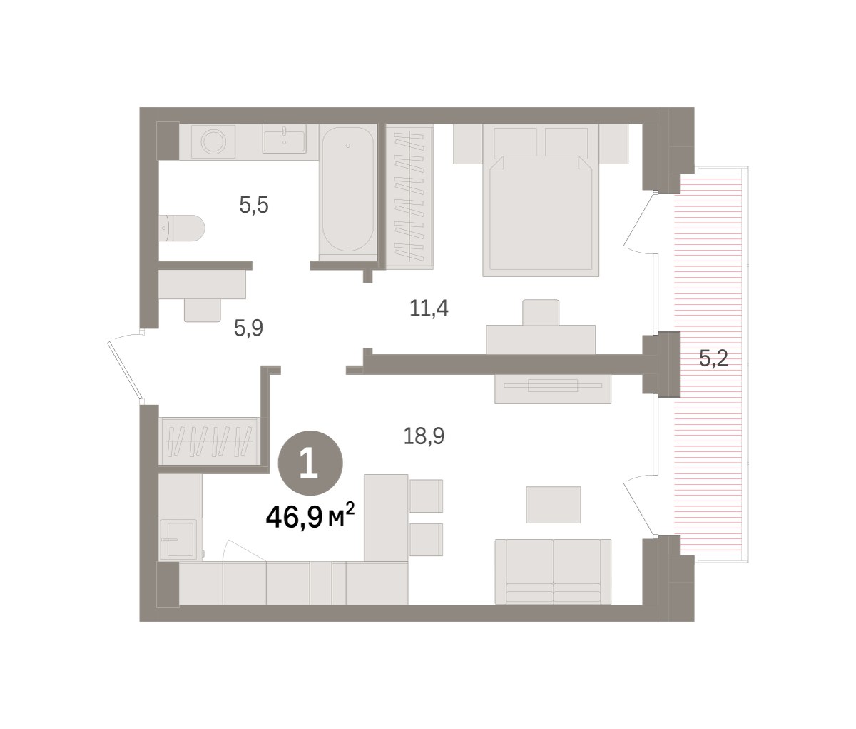 Планировка: 1-комнатная, 46.9 м²