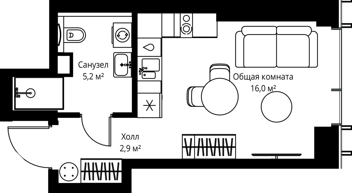 Планировка: 1-комнатная, 24.1 м²