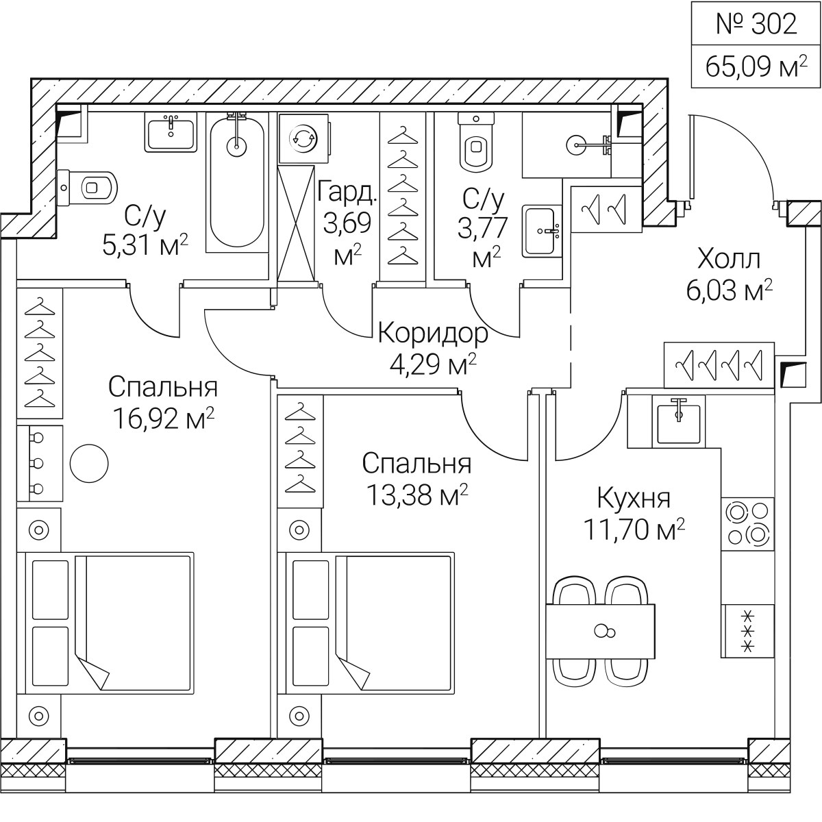 Планировка 65.09 м²