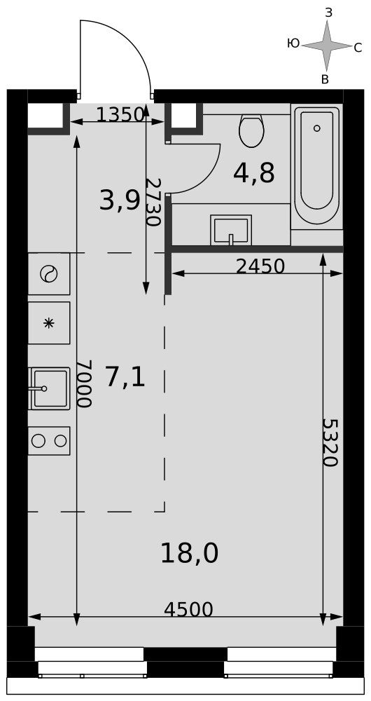 Планировка: Студия, 33.8 м²