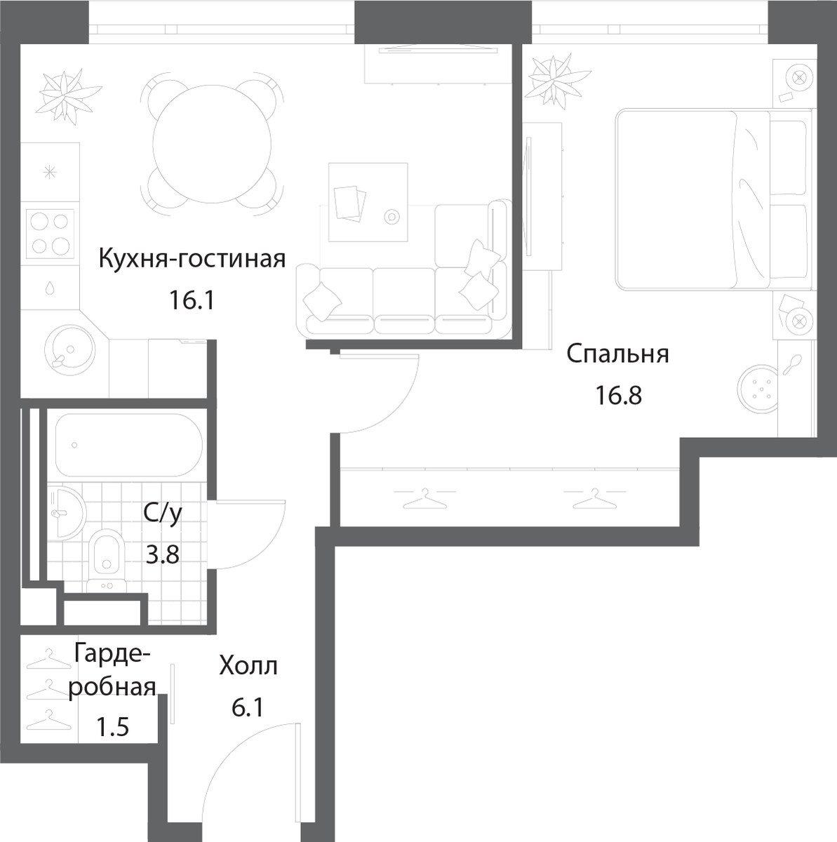 Планировка 43.8 м²