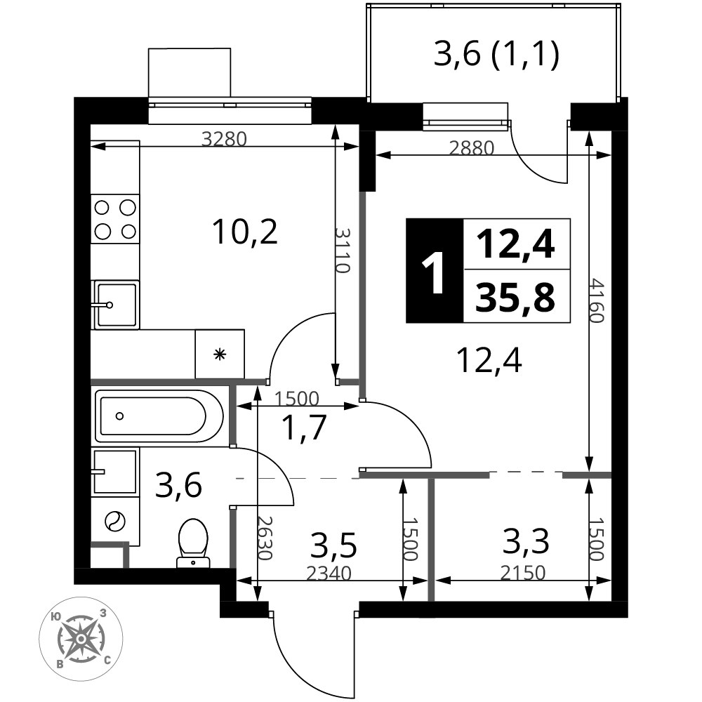 Планировка 35.8 м²