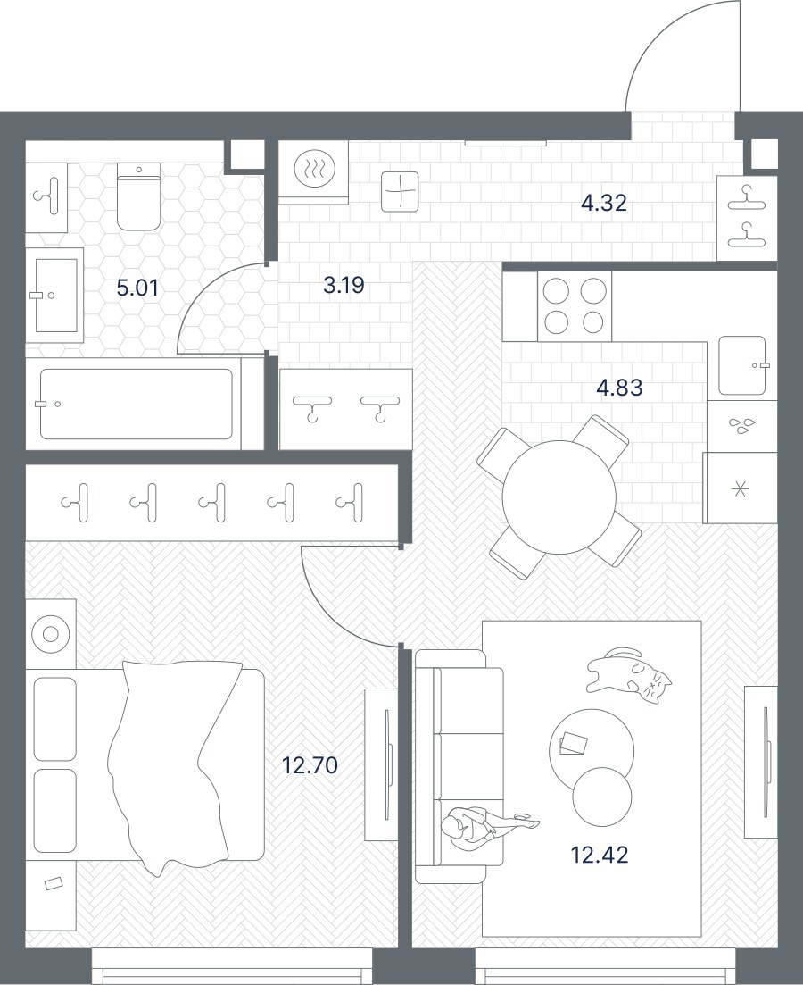 Планировка: 1-комнатная, 42.47 м²