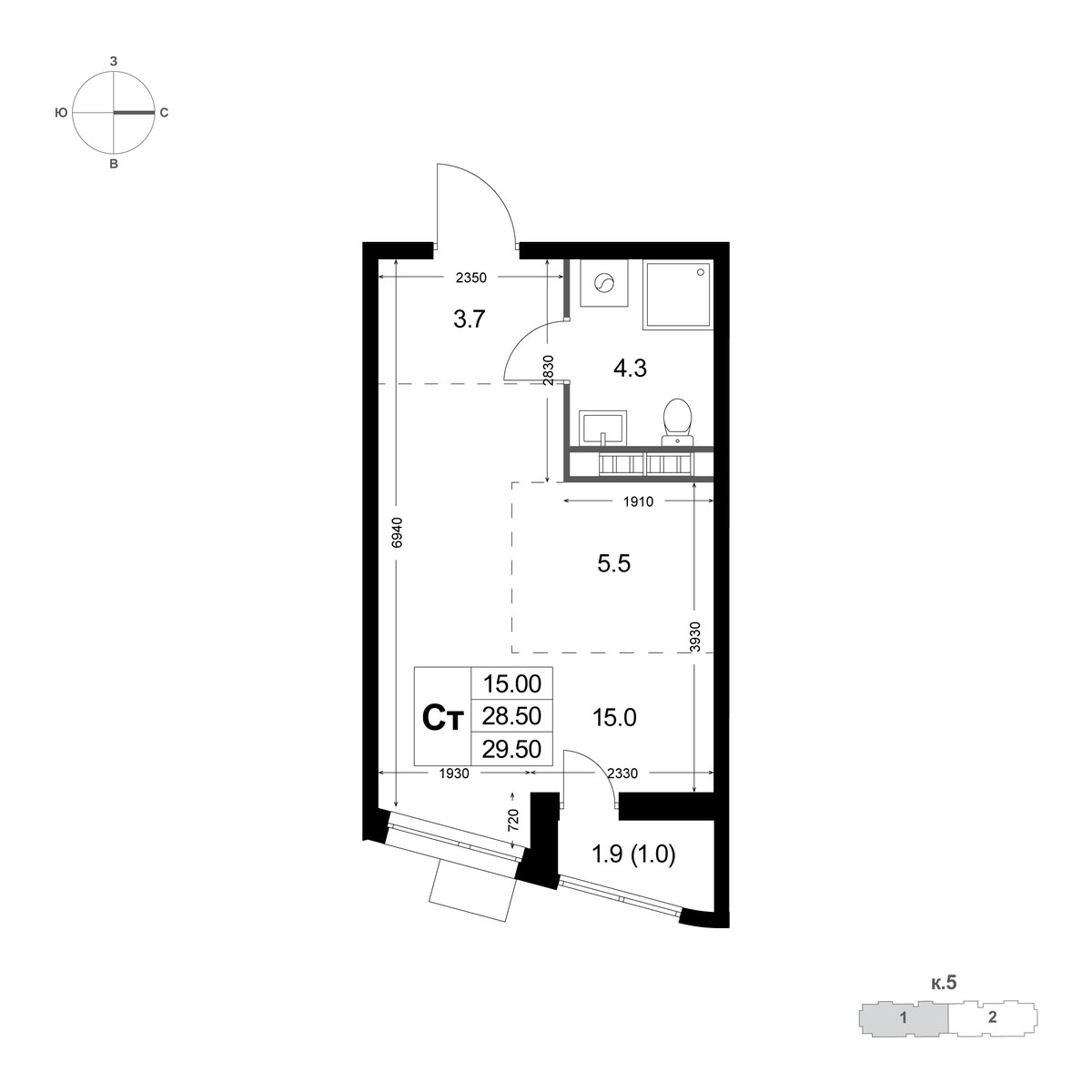 Планировка: Студия, 29.5 м²