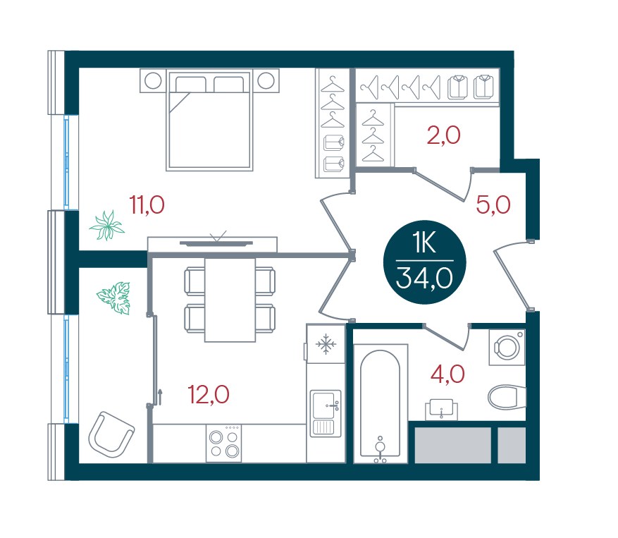 Планировка 34.0 м²