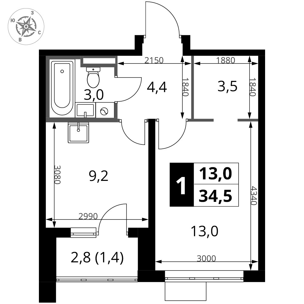 Планировка 34.5 м²