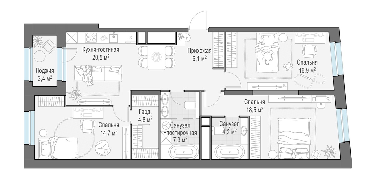 Планировка: 3-комнатная, 93.5 м²
