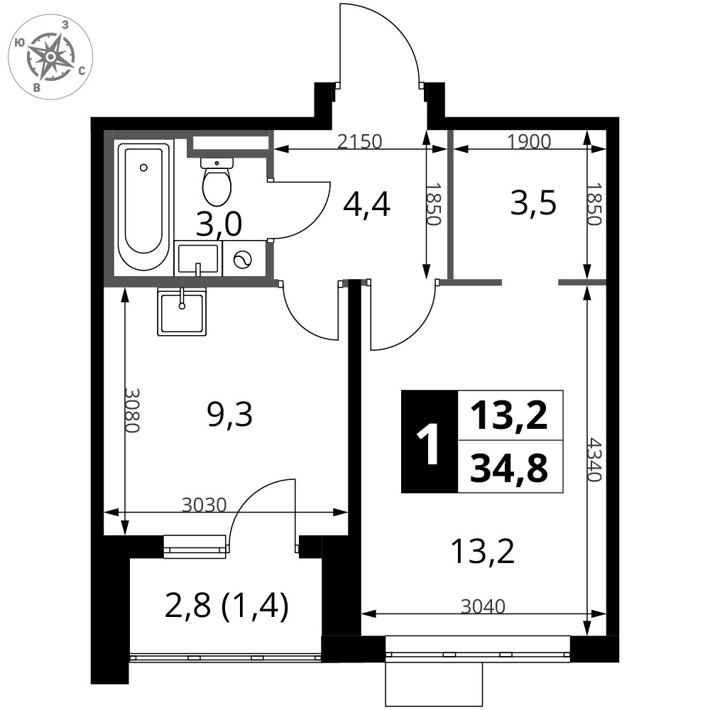 Планировка 34.8 м²