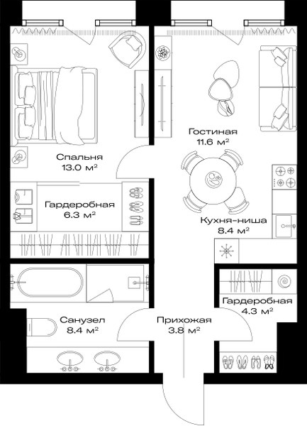 Планировка 55.8 м²