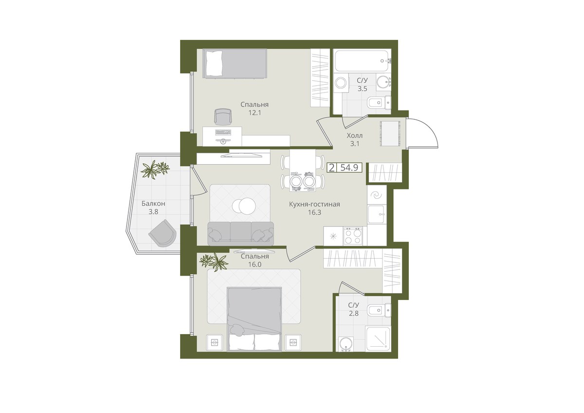 Планировка 54.9 м²