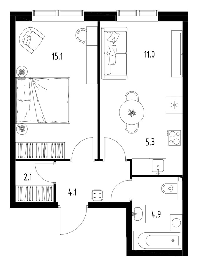Планировка: 1-комнатная, 42.5 м²