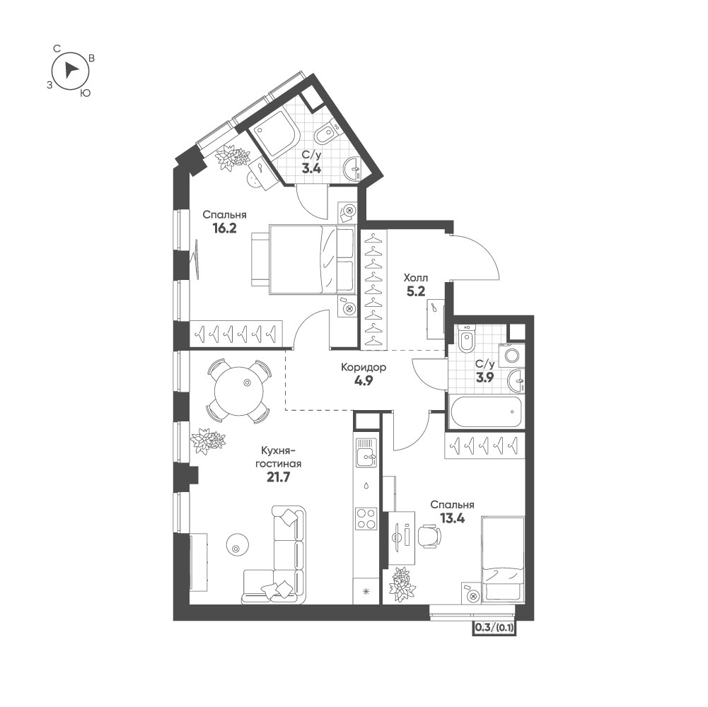 Планировка 68.8 м²