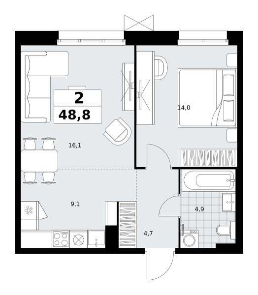Планировка: 2-комнатная, 48.8 м²