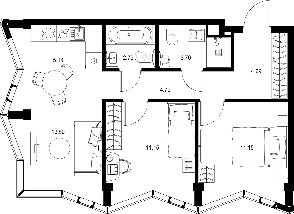 Планировка 56.93 м²