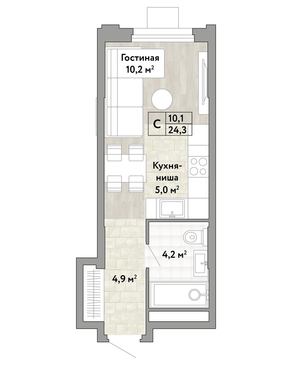 Планировка: Студия, 24.3 м²