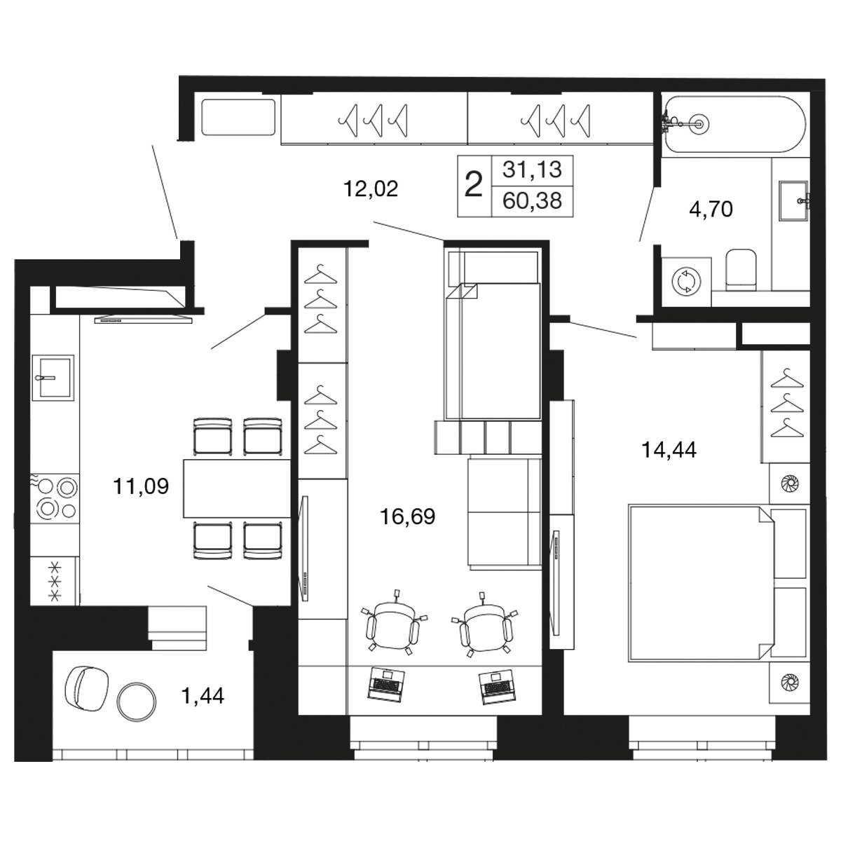 Планировка 58.9 м²