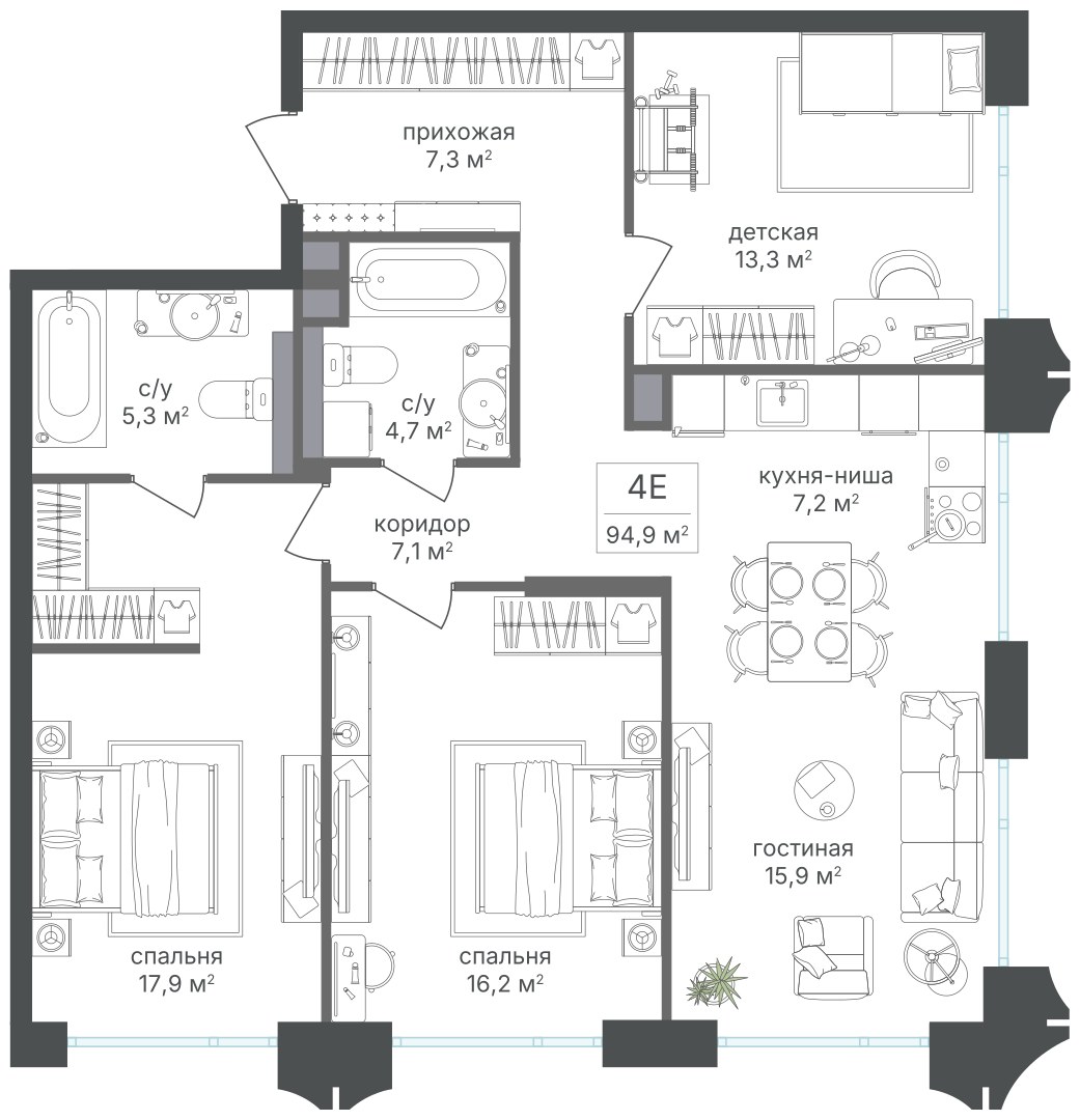 Планировка 94.9 м²