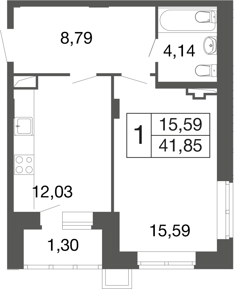Планировка: 1-комнатная, 40.6 м²