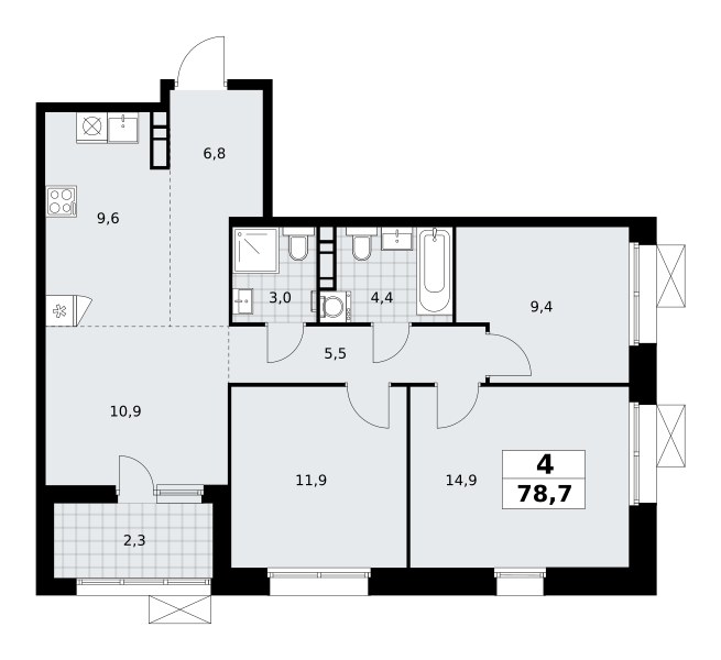 Планировка: 4-комнатная, 78.7 м²