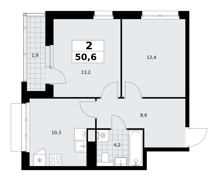Планировка: 2-комнатная, 50.6 м²