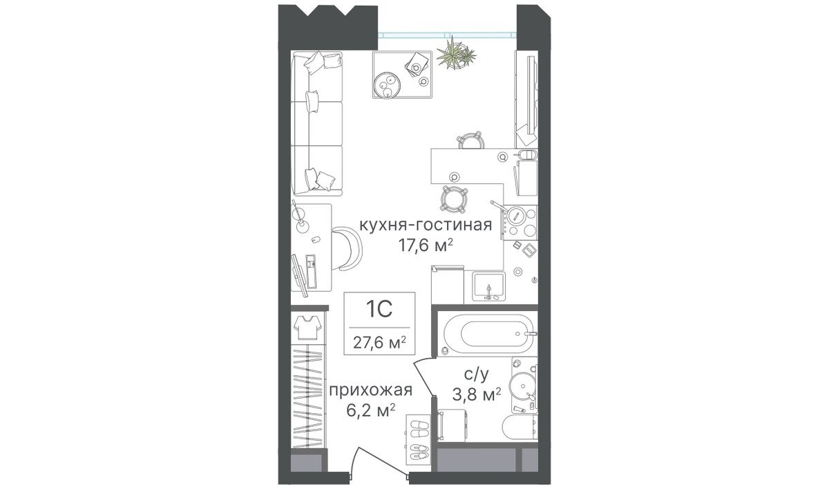 Планировка: Студия, 27.6 м²
