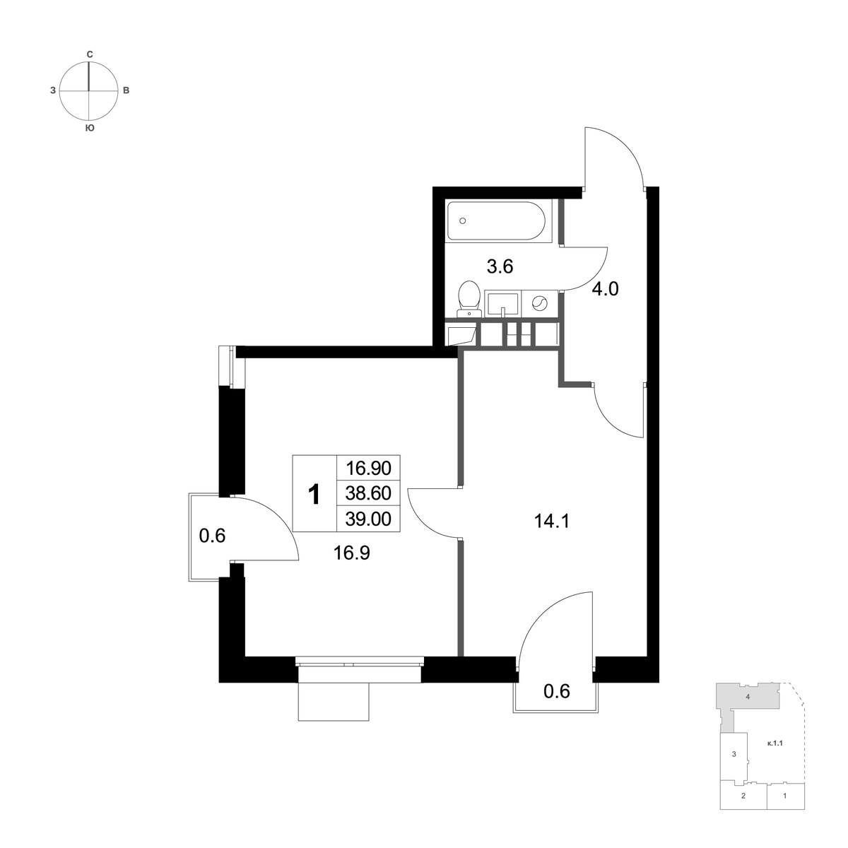 Планировка 39.0 м²