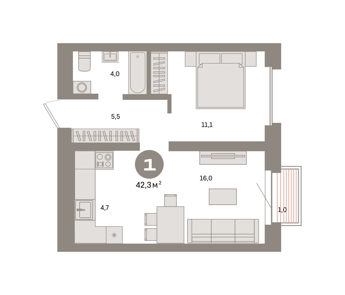 Планировка 42.3 м²