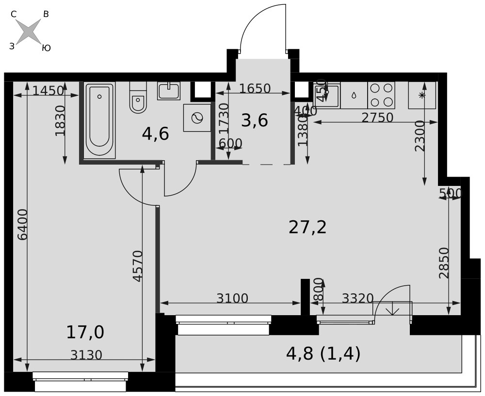 Планировка 53.8 м²