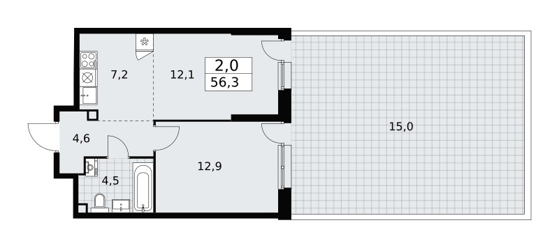 Планировка: 2-комнатная, 56.1 м²