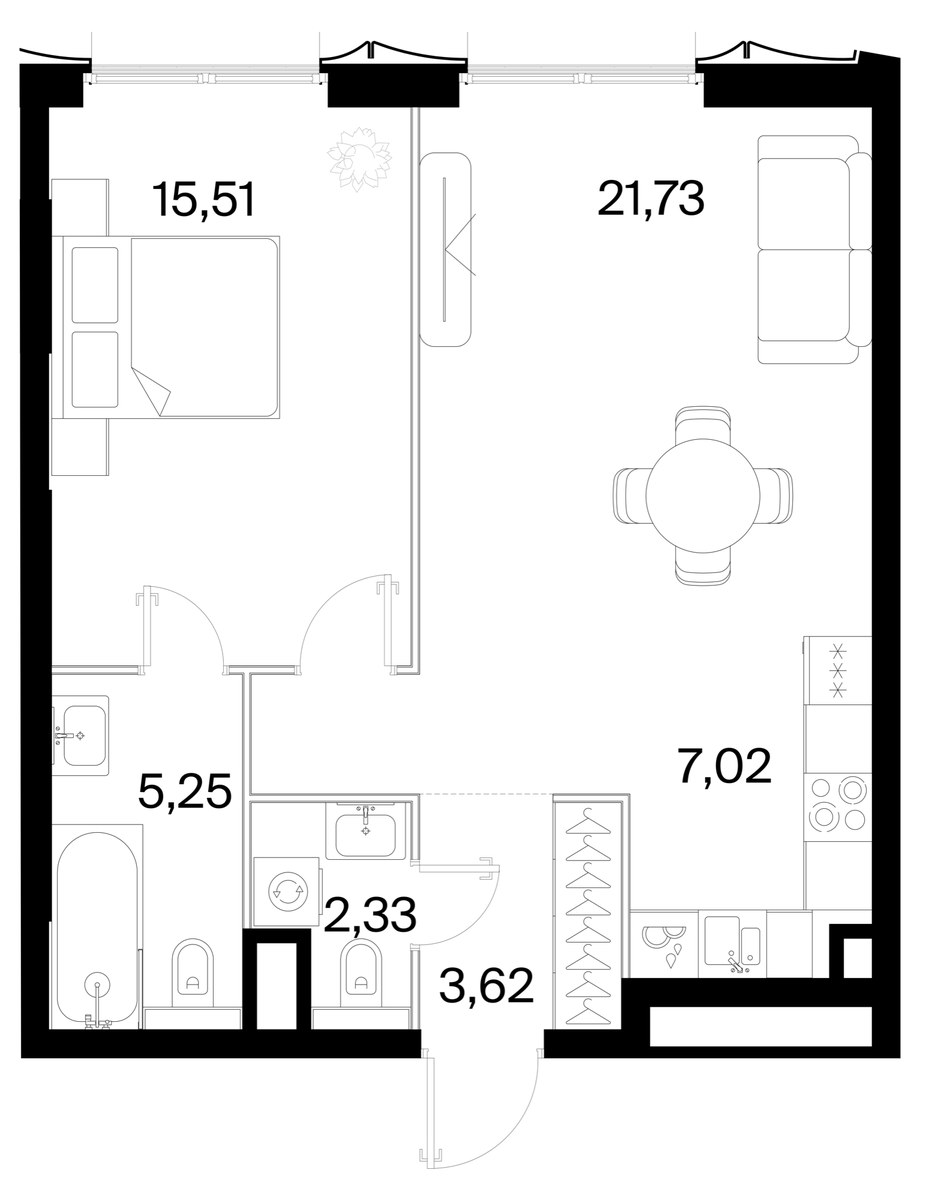 Планировка: 1-комнатная, 55.46 м²