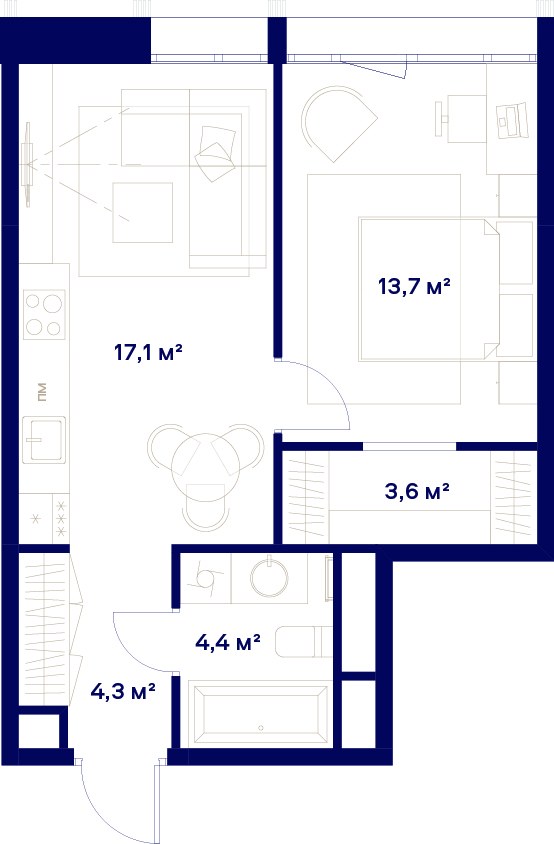 Планировка: 1-комнатная, 43.1 м²