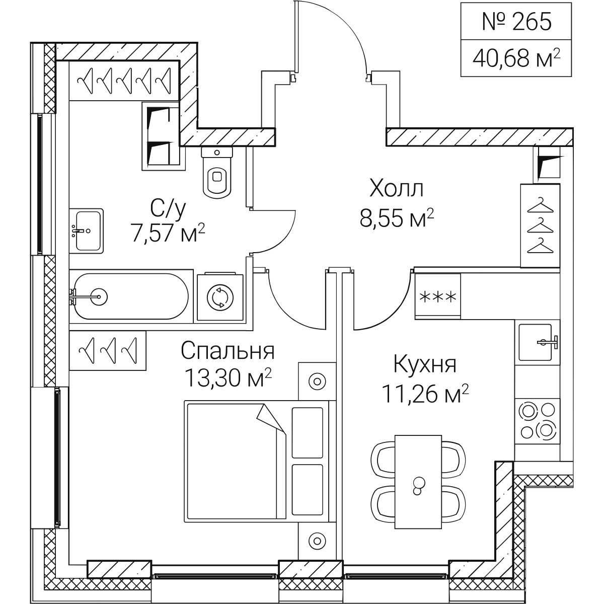 Планировка: 1-комнатная, 40.68 м²